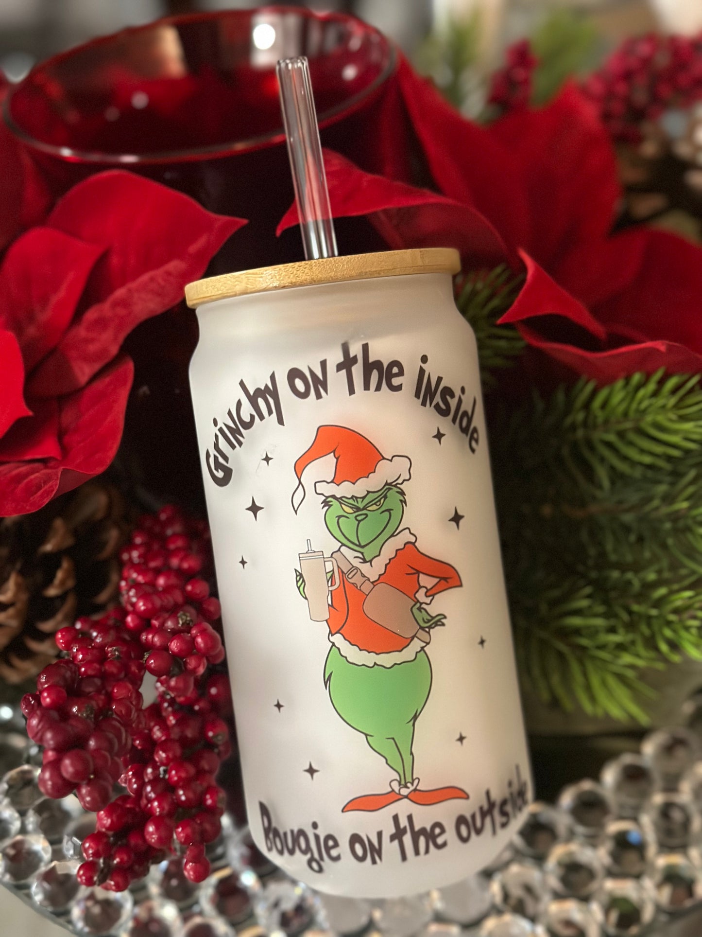 Grinchy on the inside Frosted Glass can