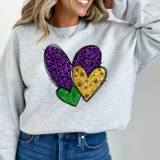 Mardi Gras Hearts-Crew Neck Sweaters