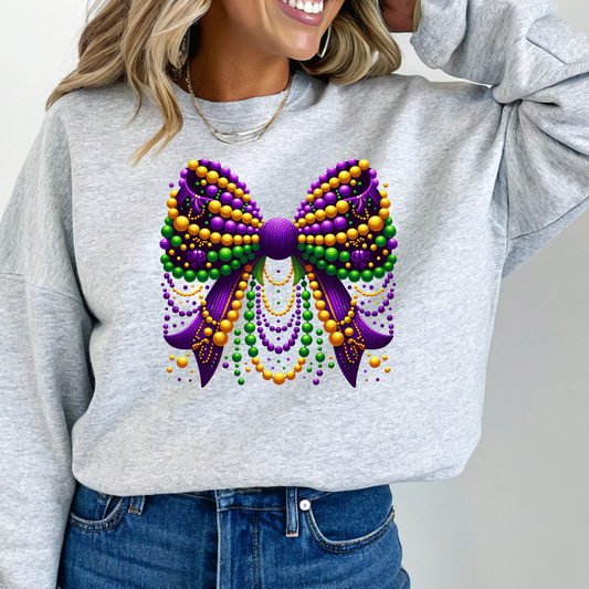 Mardi Gras Bow & Beads-Crew Neck Sweaters